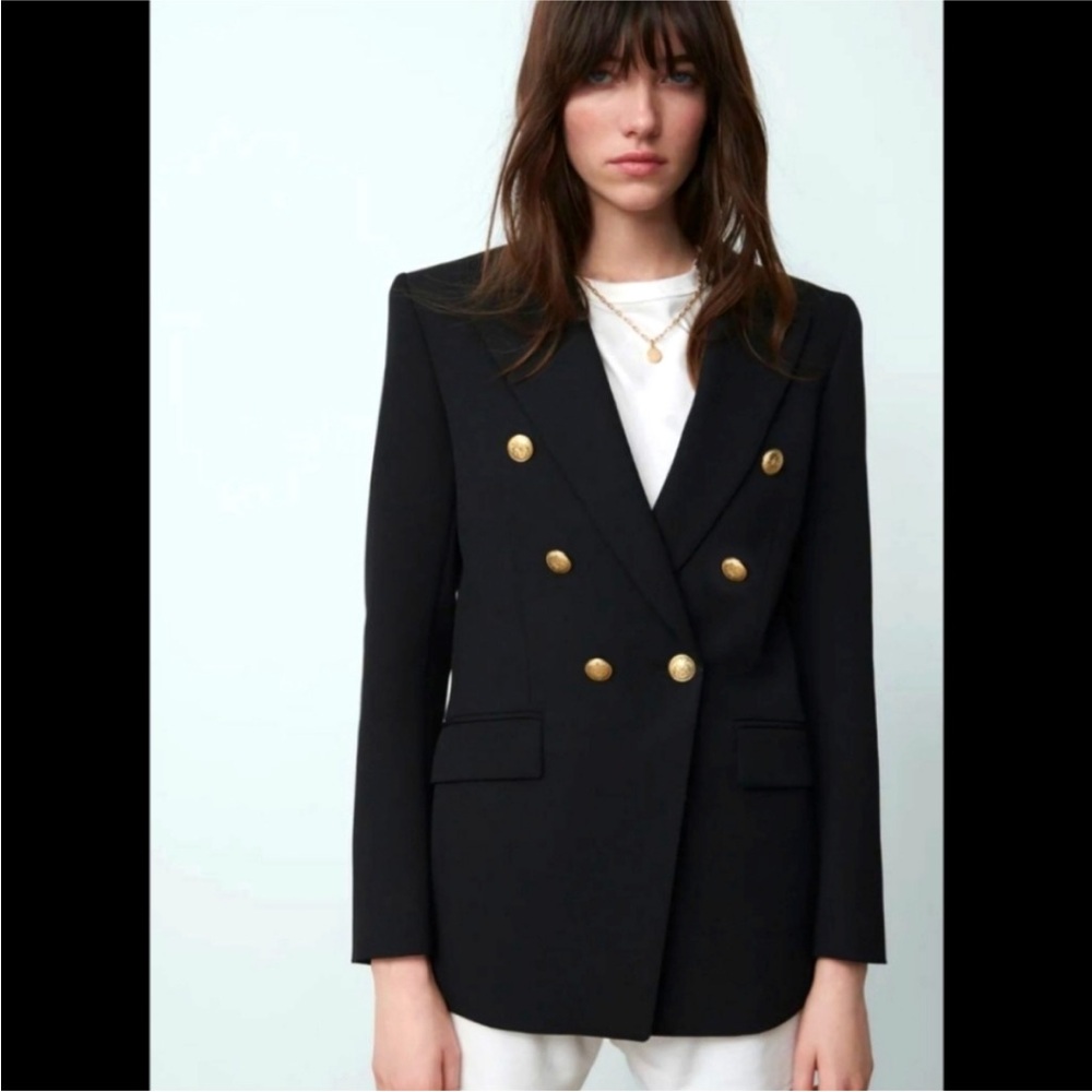 Zara Double Breasted Black Blazer with Gold Buttons- Size S